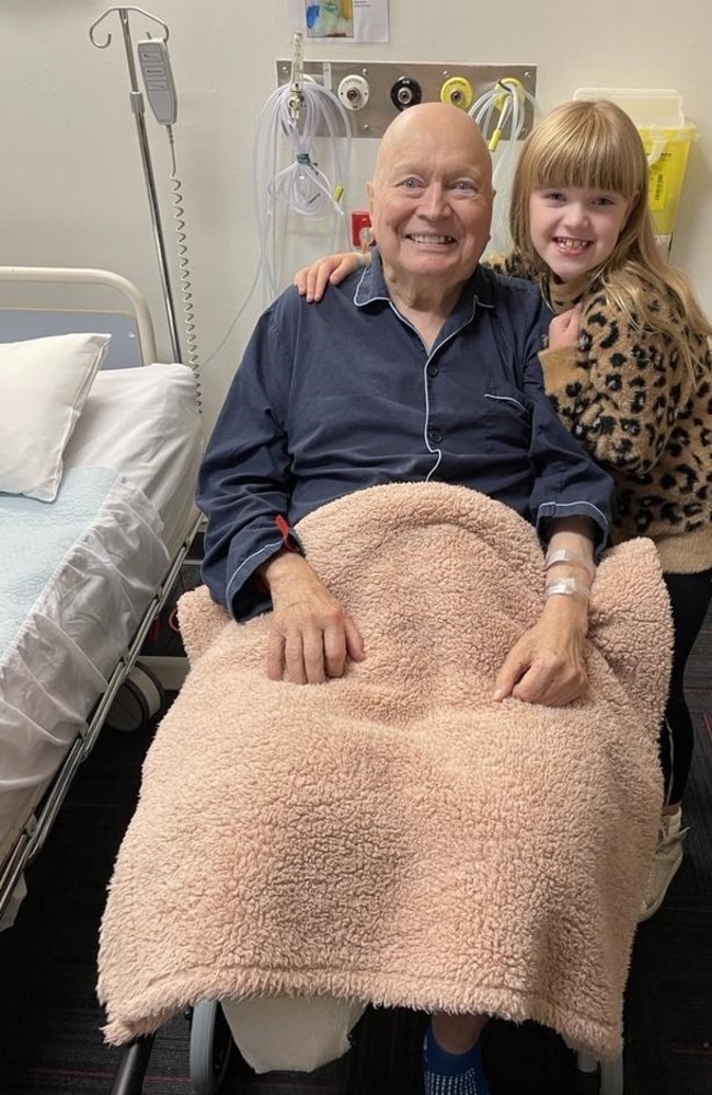 Bert appeared smiling in hospital with granddaughter Lola after his leg amputation. Picture: Instagram