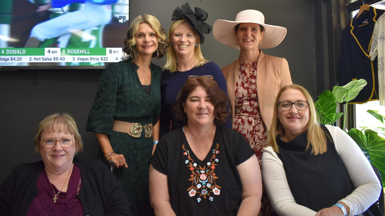 Karen MacGillivray, Kellie Swan, Andrea Ireland, Sarah Smith, Katrina Cornford and Janelle Turpin at the 2023 Rockhampton Girls Grammar 21st Race Day.