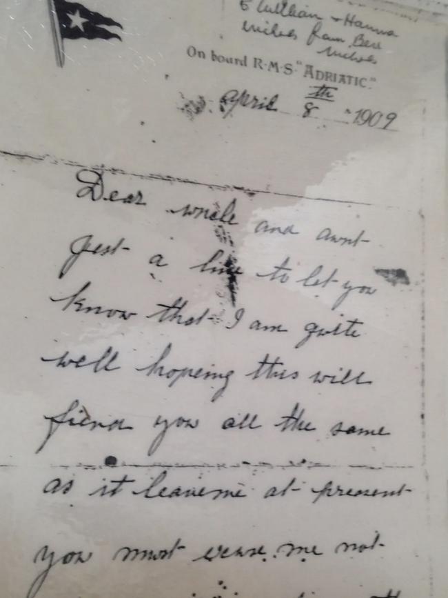 A letter from Albert Nichols, the bosun on the Titanic, to his aunt and uncle on White Star letterhead in 1909.