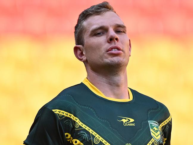 BRISBANE, AUSTRALIA - OCTOBER 17: Tom Trbojevic is seen during an Australia Kangaroos training session at Suncorp Stadium on October 17, 2024 in Brisbane, Australia. (Photo by Albert Perez/Getty Images)