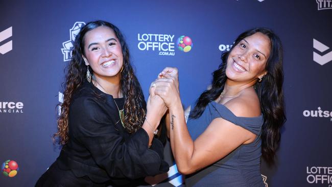 Laikha Clarke and Shannon Mato at the Gold Coast Titans NRLW 2025 Season Launch at Isoletto The Star Gold Coast. Picture, Portia Large.