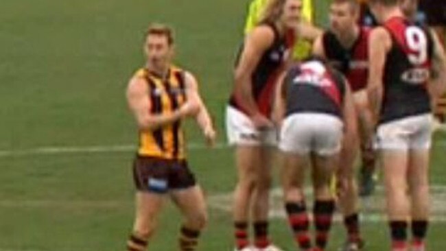 Sam Mitchell taunts Essendon players. Picture: Fox Sports