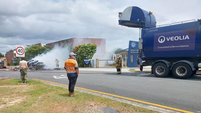 A rubbish truck was forced to dump its load after the wast burst into flames outside Aquinas College on Sunday, February 2. Picture: Dean McNicol