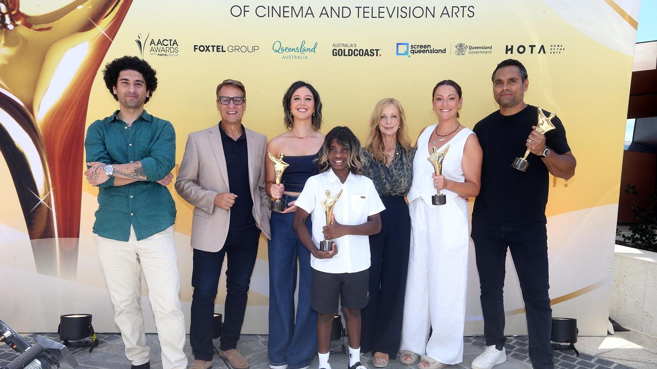 Announcement of 2024 AACTA Award nominees. (L-R) Osamah Sami, Andrew Winter, Nina Oyama, Aswan Reid, Heather Mitchell, Celeste Barber and Rob Collins. 9 December 2023 Broadbeach Picture by Richard Gosling