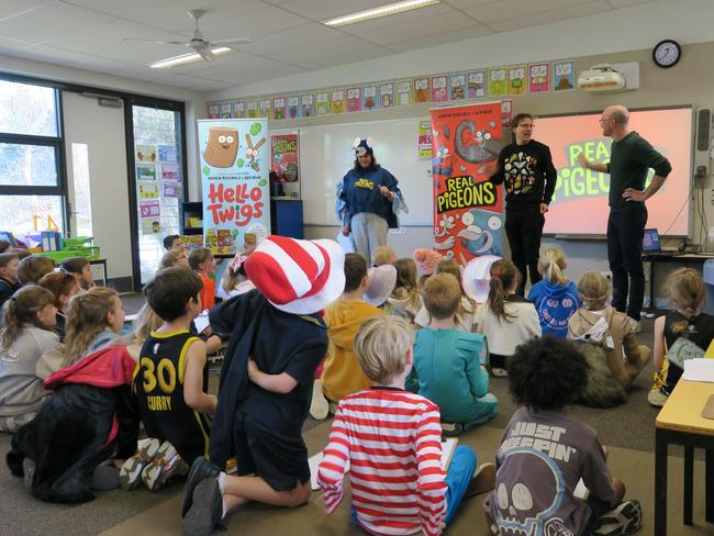Author Andrew McDonald and illustrator Ben Wood talk to Elwood Primary School students for Book Week. Picture: Gemma Scerri.