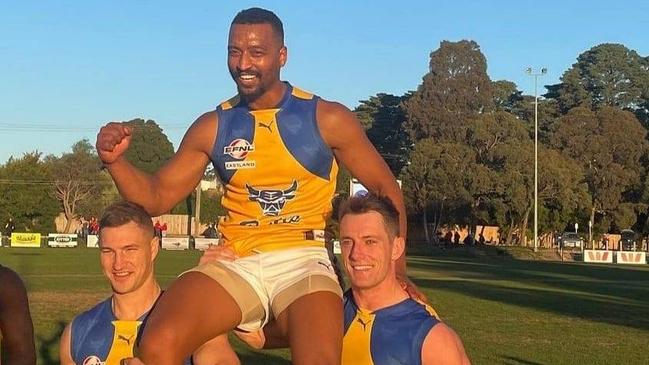 Champion Ziggie Alwan gets carried from the ground after playing his 150th senior game. Mark Hillard, Noble Park FC.