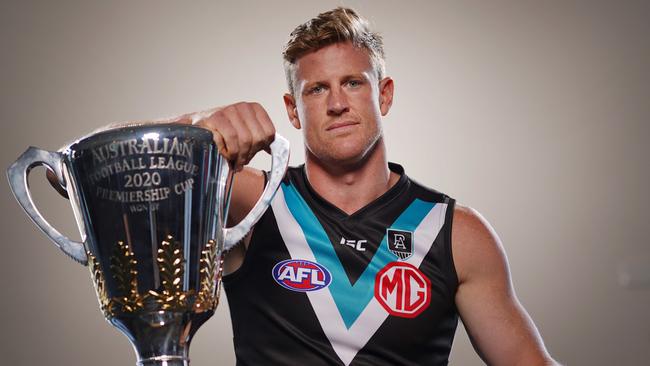 Tom Jonas of Port Adelaide poses during an AFL Club Captains Interview Session at Marvel Stadium in Melbourne, Tuesday, March 10, 2020. (AAP Image/Michael Dodge) NO ARCHIVING