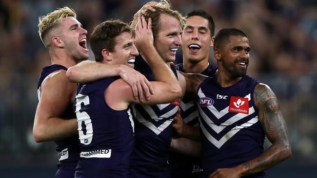 The Dockers celebrated David Mundy’s David Mundy’s 300th game in style. Picture: AAP Images 