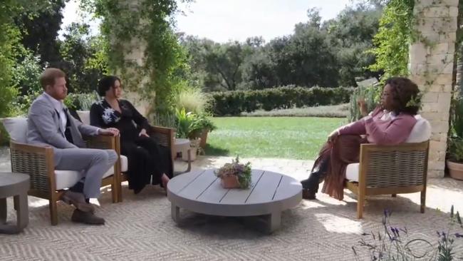 Prince Harry and Meghan Markle in the infamous Oprah interview. Picture: Supplied.