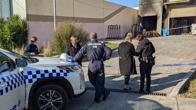 Police investigate following a fire at a window and door factory in Rowville, which occurred on the evening of July 7. Picture: Kiel Egging.