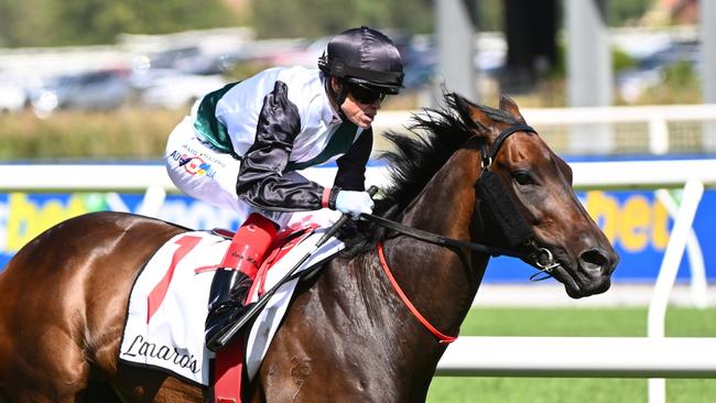 MELBOURNE, AUSTRALIA - FEBRUARY 24: Craig Williams riding Mr Brightside defeats Jamie Kah riding Pericles in Race 7, the Lamaro's Hotel Futurity Stakes, during Melbourne Racing at Caulfield Racecourse on February 24, 2024 in Melbourne, Australia. (Photo by Vince Caligiuri/Getty Images)