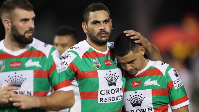 Souths Greg Inglis with Souths Cody Walker after Souths loss in the Penrith Panthers v South Sydney rugby league game at Panthers Stadium, Penrith. Picture: Brett Costello