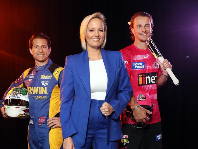 (L-R) V8 Supercars driver Michael Caruso, Fox Sports host Jess Yates and Sydney Sixers BBL cricketer Tom Curran. Picture: Richard Dobson