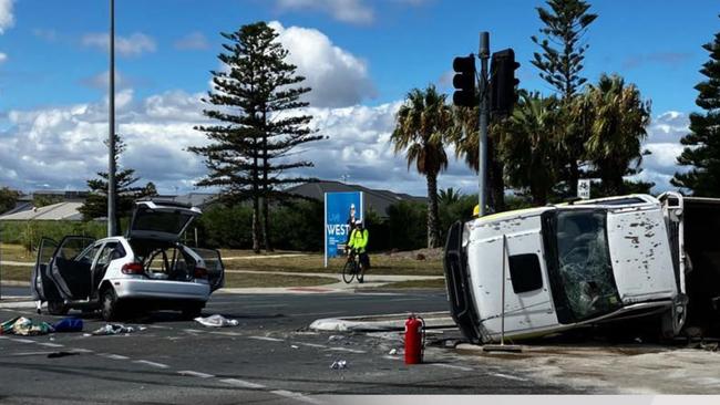 A woman has been injured in a multi-car smash at West Lakes Shore. Picture: 7NEWS