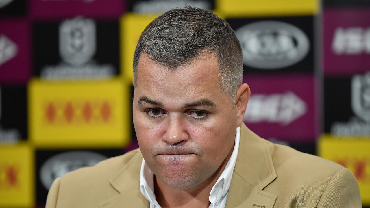 Broncos coach Anthony Seibold is seen during a post match press conference following the Round 4 NRL match between the Brisbane Broncos and the Sydney Roosters at Suncorp Stadium in Brisbane, Thursday, June 4, 2020. (AAP Image/Darren England) NO ARCHIVING, EDITORIAL USE ONLY