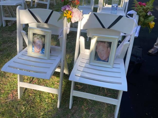 Amaze Education owner and Gold Coaster Lucy Cook put seats at the front of her wedding ceremony with framed photos of her husband's late parents