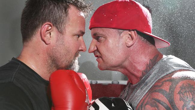 Gold Coast solicitor Jeff Horsey (left) squares off for his three-round corporate fight with Gold Coast defence lawyer Campbell MacCallum on November 25. Picture: Glenn Hampson