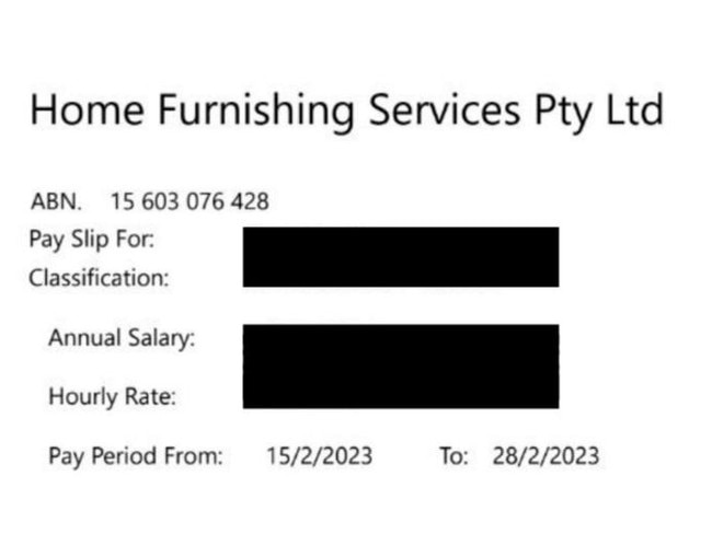 A pay slip provided to an employee of The Custom Sofa Centre Maroochydore. Picture: Supplied