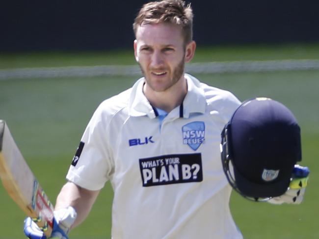 Tas v NSW day 2. NSW batsman Peter Neville after reaching 100 runs, picture;KIM EISZELE