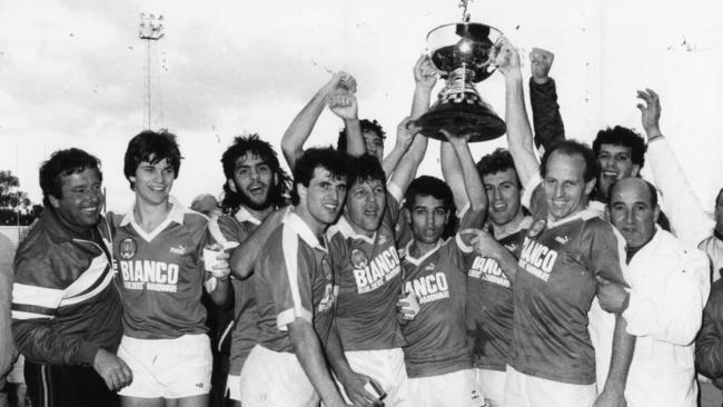 Eastern Districts Azzurri players celebrate winning the 1986 Federation Cup final over Para Hills.