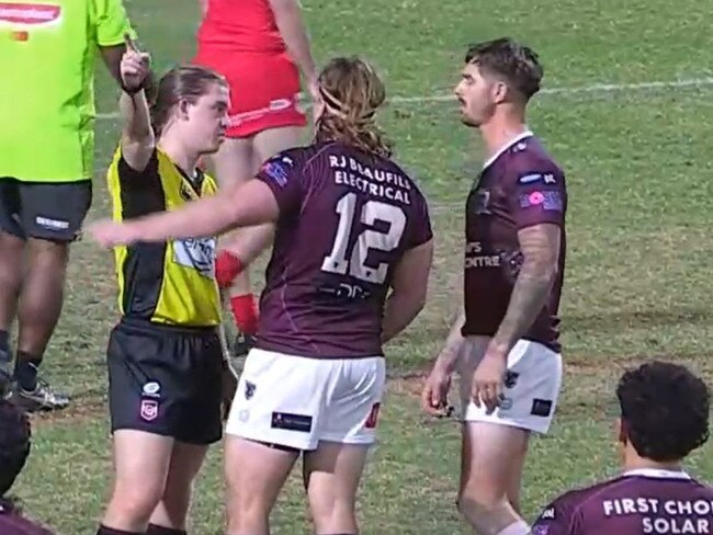 The moment Burleigh's Jake Gleeson was sent off in their round 8 RLGC match against Currumbin. The Bears would go on to score 52 unanswered points. Picture: BarTV Sports.