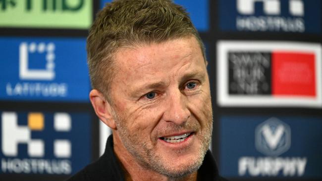 MELBOURNE, AUSTRALIA - MAY 23: Damien Hardwick the coach of the Tigers speaks to the media where he announced his retirement during a Richmond Tigers AFL press conference at Punt Road Oval on May 23, 2023 in Melbourne, Australia. (Photo by Quinn Rooney/Getty Images)