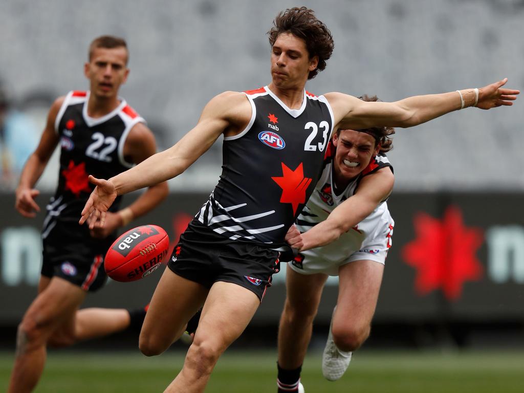 MELBOURNE, AUSTRALIA - SEPTEMBER 28: James Borlase of team Brown kicks the ball during the NAB League 2019 All Stars match between Team Dal Santo and Team Brown at the Melbourne Cricket Ground on September 28, 2019 in Melbourne, Australia. (Photo by Darrian Traynor/AFL Photos via Getty Images)