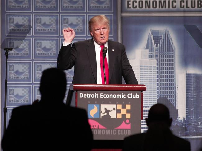 Donald Trump delivers an economic policy address detailing his economic plan at the Detroit Economic Club August 8, 2016 in Detroit Michigan. Picture: Bill Pugliano