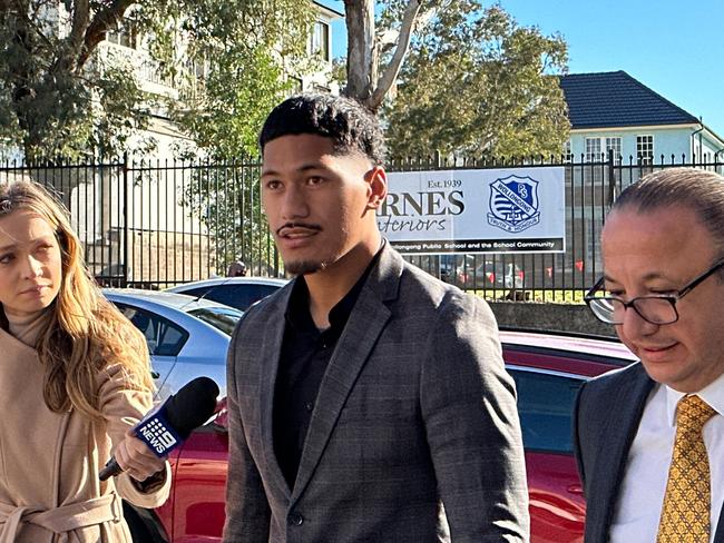 Dragons player Talatau Junior Amone entering Wollongong Local Court for a hearing on Thursday, August 17, 2023. Picture: Dylan Arvela