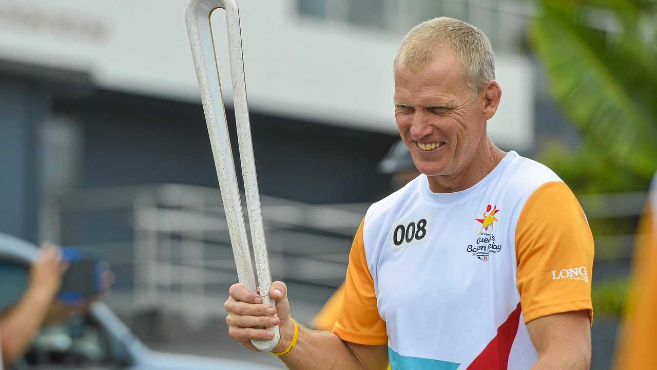 Gary Larson runs the Queen's Baton during the Queen's Baton Relay in Gladstone, for the upcoming 21st Commonwealth Games to be held on the Gold Coast in Australia. 24 March, 2018. Picture: Matt Taylor GLA240318BATON