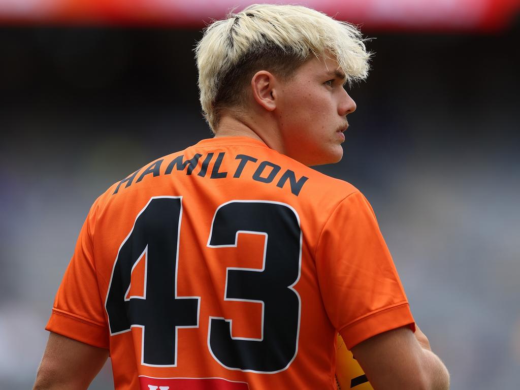 PERTH, AUSTRALIA - MARCH 26: Cooper Hamilton of the Giants looks on during the 2023 AFL Round 02 match between the West Coast Eagles and the GWS Giants at Optus Stadium on March 26, 2023 in Perth, Australia. (Photo by Will Russell/AFL Photos via Getty Images)