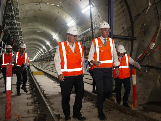 Dominic Perrottet and Minister for Transport David Elliott in the new Metro tunnels on Monday. Picture: Nikki Short