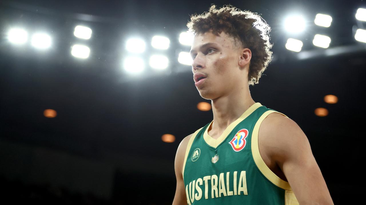 MELBOURNE, AUSTRALIA - AUGUST 16: Dyson Daniels of Australia watches on during the match between the Australia Boomers and Brazil at Rod Laver Arena on August 16, 2023 in Melbourne, Australia. (Photo by Graham Denholm/Getty Images)