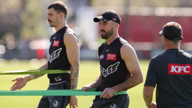 Magpies veteran Steele Sidebottom says the side will be well prepared for the 29C heat expected on Saturday. Picture: Kelly Defina / Getty Images