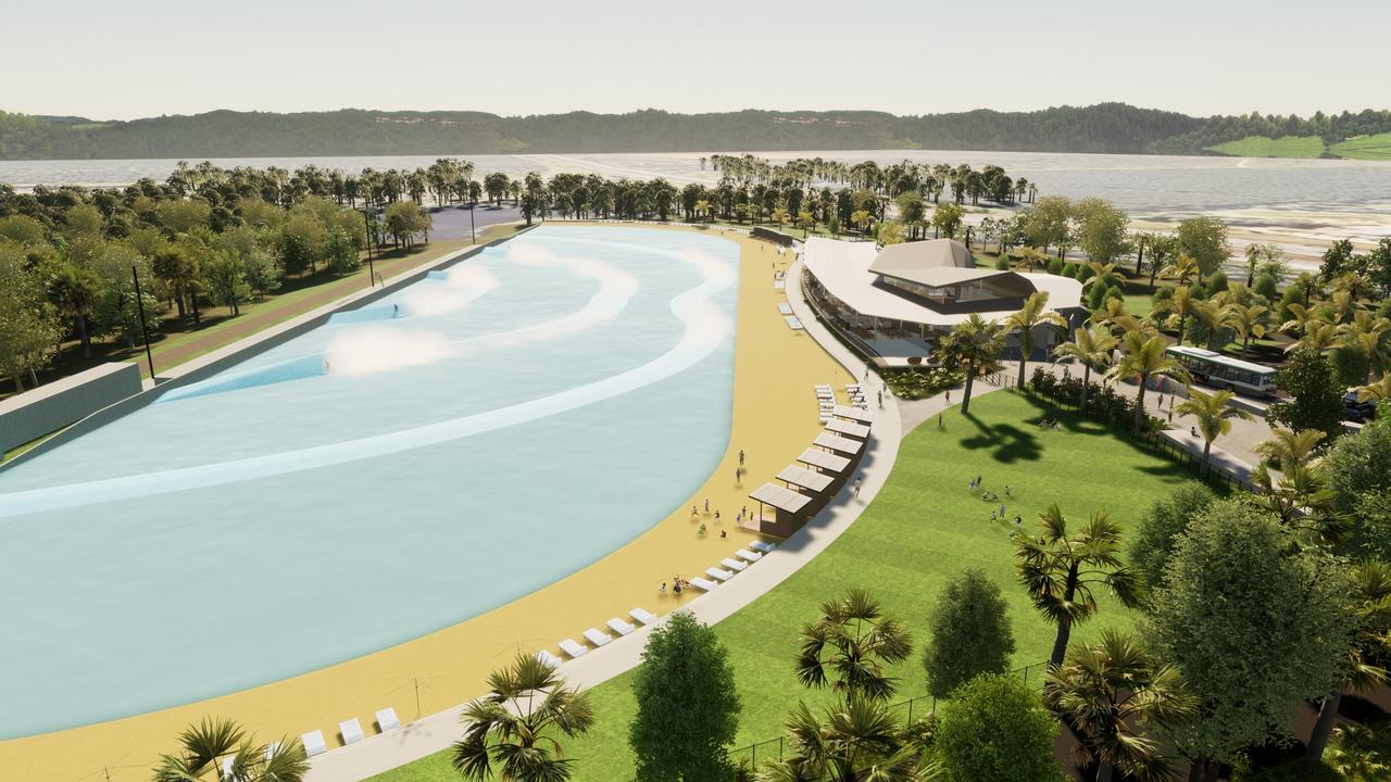 Renders of Surf Parks Australia’s wave pool project at Glass House Mountains.