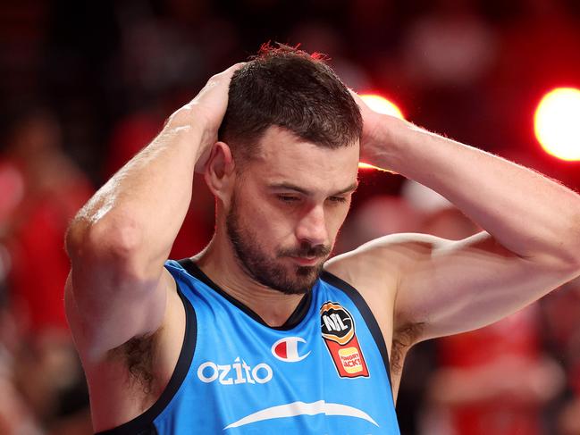 WOLLONGONG, AUSTRALIA - MARCH 23: Chris Goulding of United reacts during game five of the NBL Grand Final Series between Illawarra Hawks and Melbourne United at WIN Entertainment Centre, on March 23, 2025, in Wollongong, Australia. (Photo by Mark Metcalfe/Getty Images)