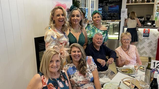 Melbourne Cup in Port Macquarie: (back) Chantell Lomonaco, Jenny Gibney and Michelle Boskovski with (front) Debbie Franklin, Katie Bird, Brian Crisp and Jenny Crisp celebrating at Tacking Point Tavern.