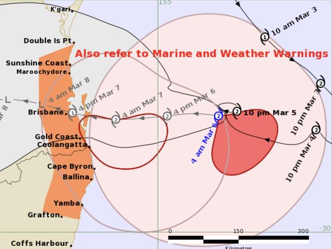 The forecast path of Cyclone Alfred.