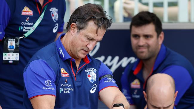 MELBOURNE, AUSTRALIA - MARCH 17: Luke Beveridge, Senior Coach of the Bulldogs is seen at three quarter time during the 2024 AFL Round 01 match between the Melbourne Demons and the Western Bulldogs at the Melbourne Cricket Ground on March 17, 2024 in Melbourne, Australia. (Photo by Dylan Burns/AFL Photos via Getty Images)