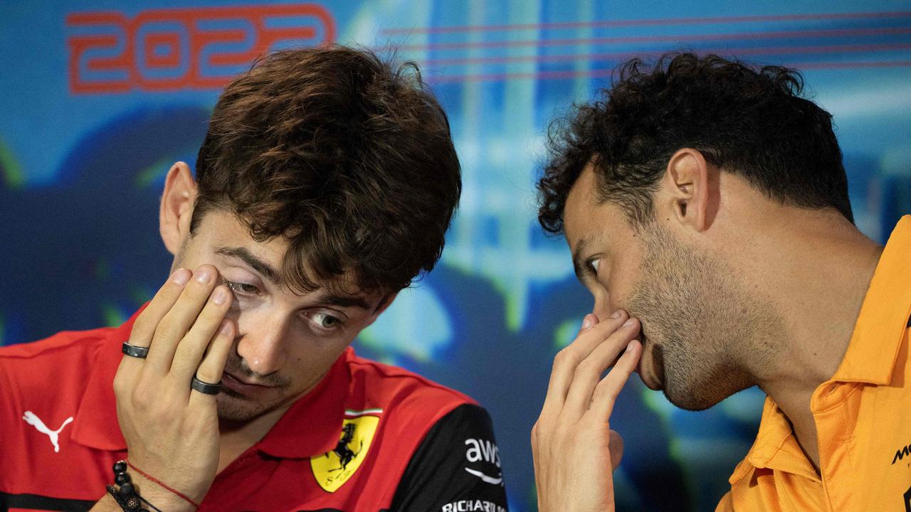 Ferrari driver Charles Leclerc (L) and McLaren's Daniel Ricciardo spent much of their time surrounded by cameras and microphones. Picture: AFP