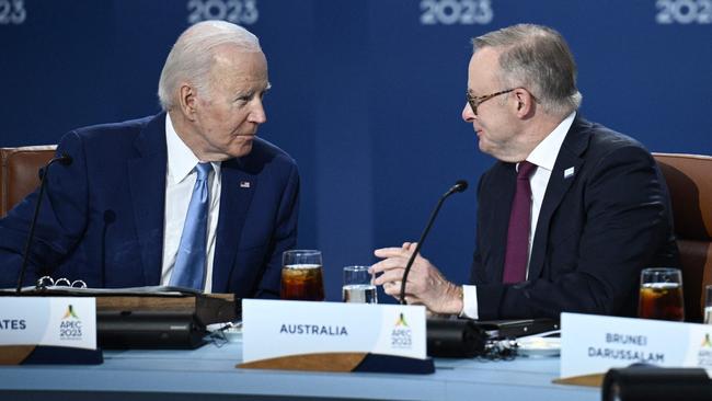 Mr Biden and Anthony Albanese at an APEC roundtable meeting in San Francisco. Picture: AFP