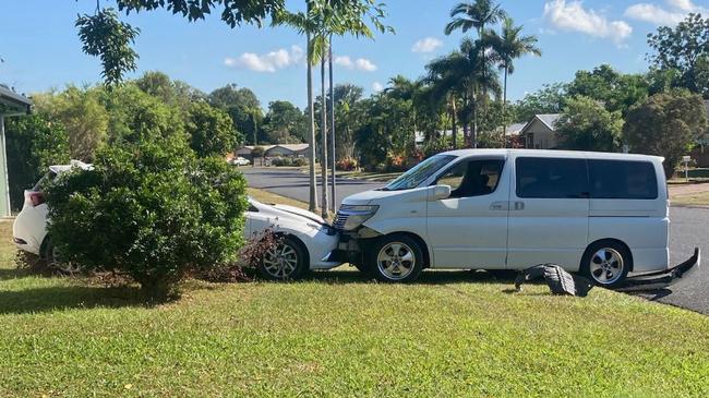 An incident at Bentley Park involving an alleged stolen car and a woman's mini van on Friday. Picture: Supplied.