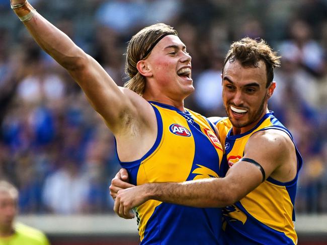 PERTH, AUSTRALIA - APRIL 14: Harley Reid of the Eagles celebrates a goal during the 2024 AFL Round 05 match between the West Coast Eagles and the Richmond Tigers at Optus Stadium on April 14, 2024 in Perth, Australia. (Photo by Daniel Carson/AFL Photos via Getty Images)