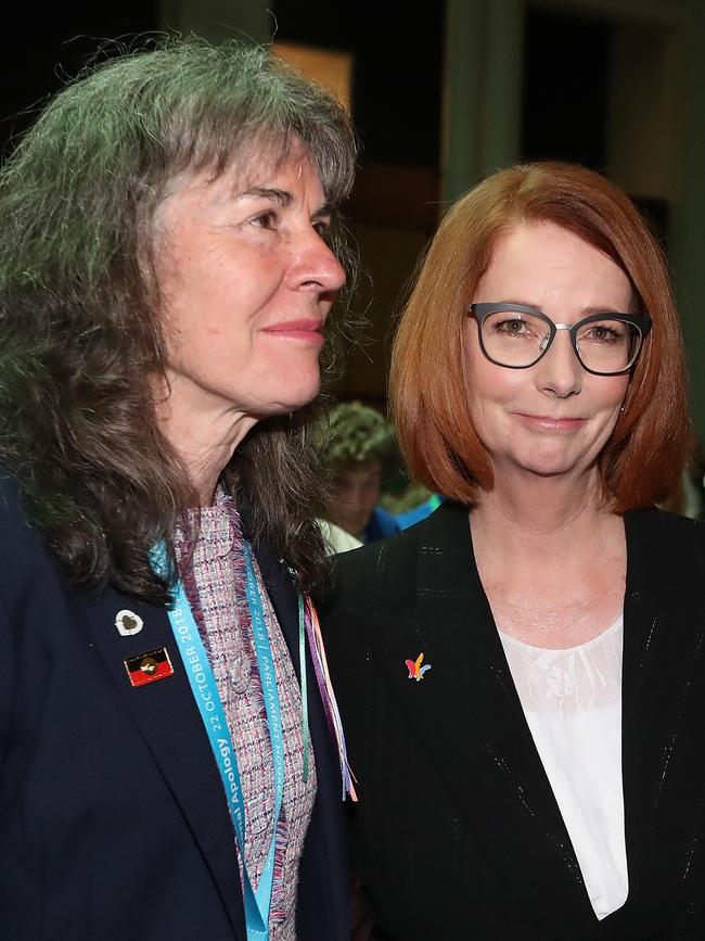 Chrissie Foster and former prime minister Julia Gillard during the National Apology to Victims and Survivors of Institutional Child Sexual Abuse. Picture: Kym Smith