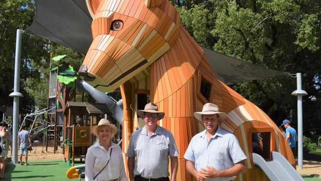 Councillor Cherie Rutherford, Member for Rockhampton Barry O’Rourke and mayor Tony Williams at the redeveloped playground at Rockhampton Botanic Gardens on March 11, 2023. Picture: Aden Stokes