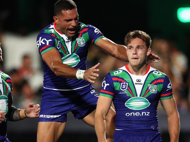 AUCKLAND, NEW ZEALAND - MARCH 08: Luke Metcalf of the Warriors celebrates scoring a try during the round one NRL match between New Zealand Warriors and Cronulla Sharks at Go Media Stadium Mt Smart, on March 08, 2024, in Auckland, New Zealand. (Photo by Phil Walter/Getty Images)