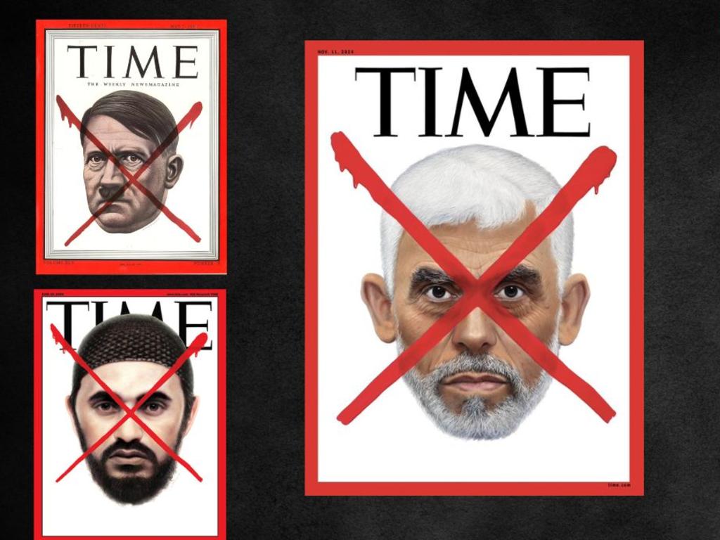 Slain Hamas chief Yahya Sinwar joins (clockwise from top left) Adolf Hitler, Saddam Hussein, Osama bin Laden and Abu Mousab al-Zarqawi in being remembered with a 'Red X' Times Magazine cover.