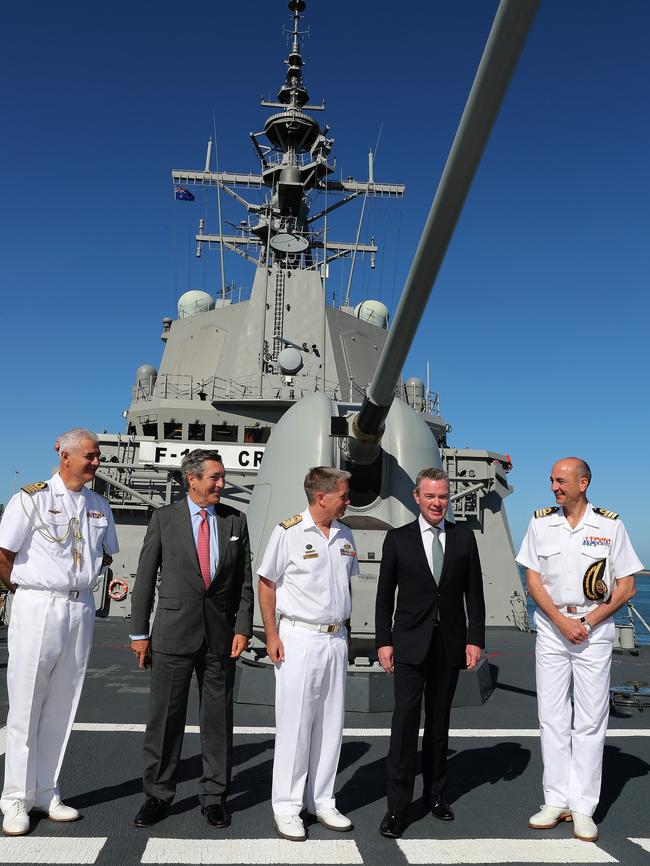 Defence Industries Minister Christopher Pyne tours the Spanish Frigate, Cristobal Colon, in Adelaide.