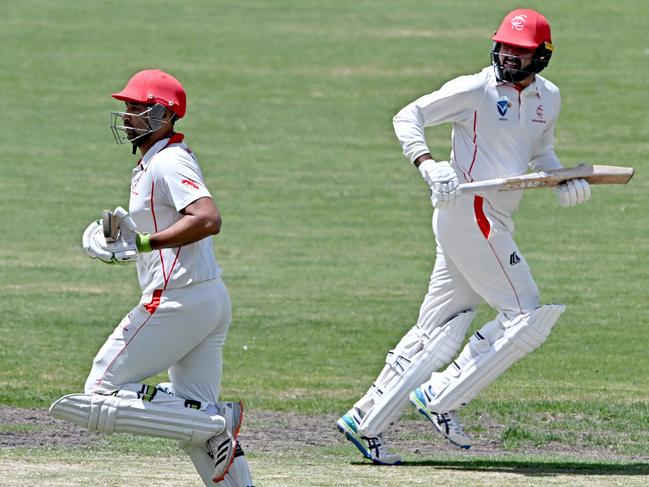 PrestonÃs Vaibhav Deshpande and Shakeel Ahmad during the VSDCA: Preston v Hoppers Crossing cricket match in Preston, Saturday, Jan. 27, 2024. Picture: Andy Brownbil