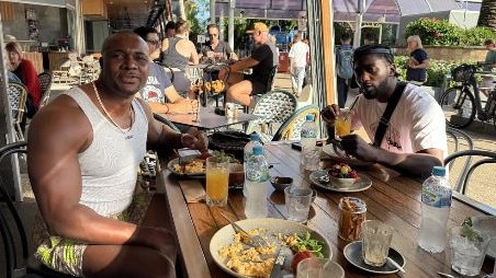 World boxing champ Terence Crawford at breakfast in Broadbeach with notorious alleged Mongols Associate Robert 